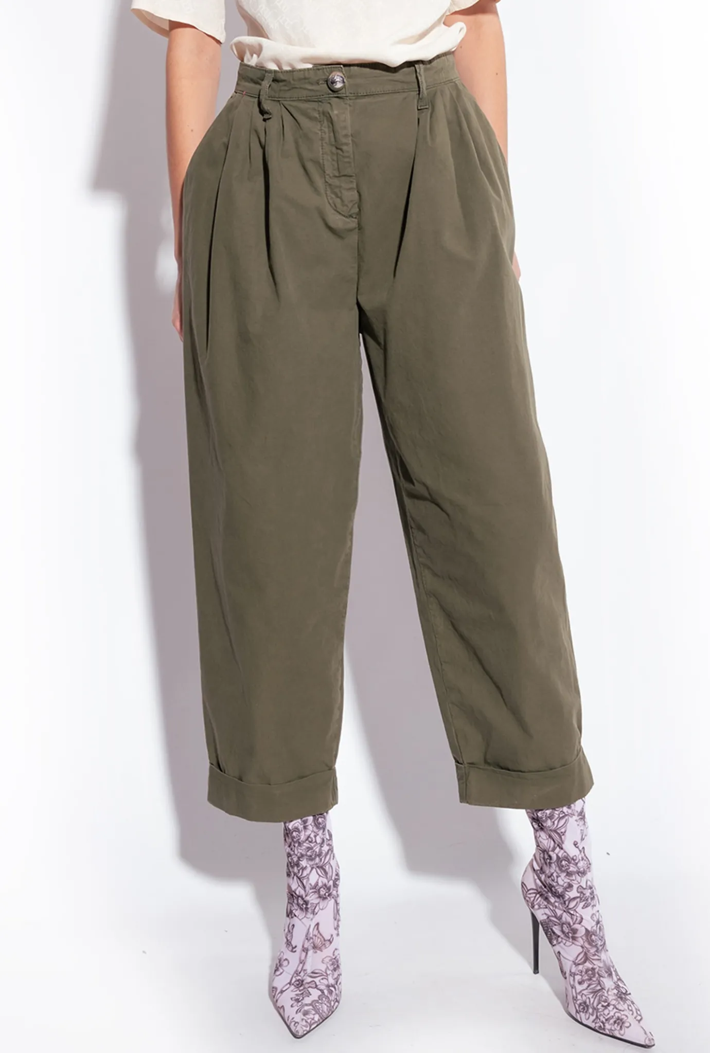 Pantalons|PINKO Pantalon En Mousseline De Coton Vert Canon De Fusil