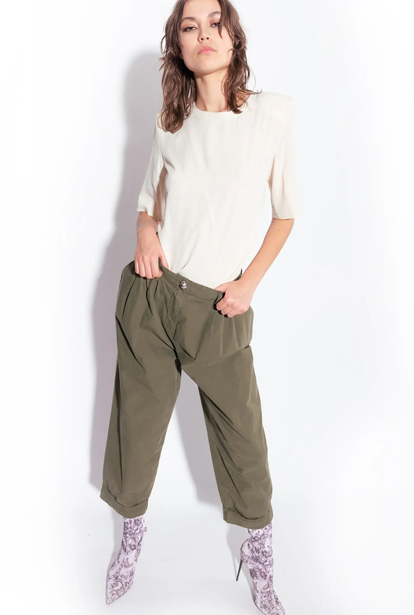 Pantalons|PINKO Pantalon En Mousseline De Coton Vert Canon De Fusil