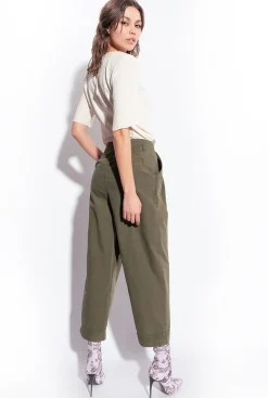 Pantalons|PINKO Pantalon En Mousseline De Coton Vert Canon De Fusil