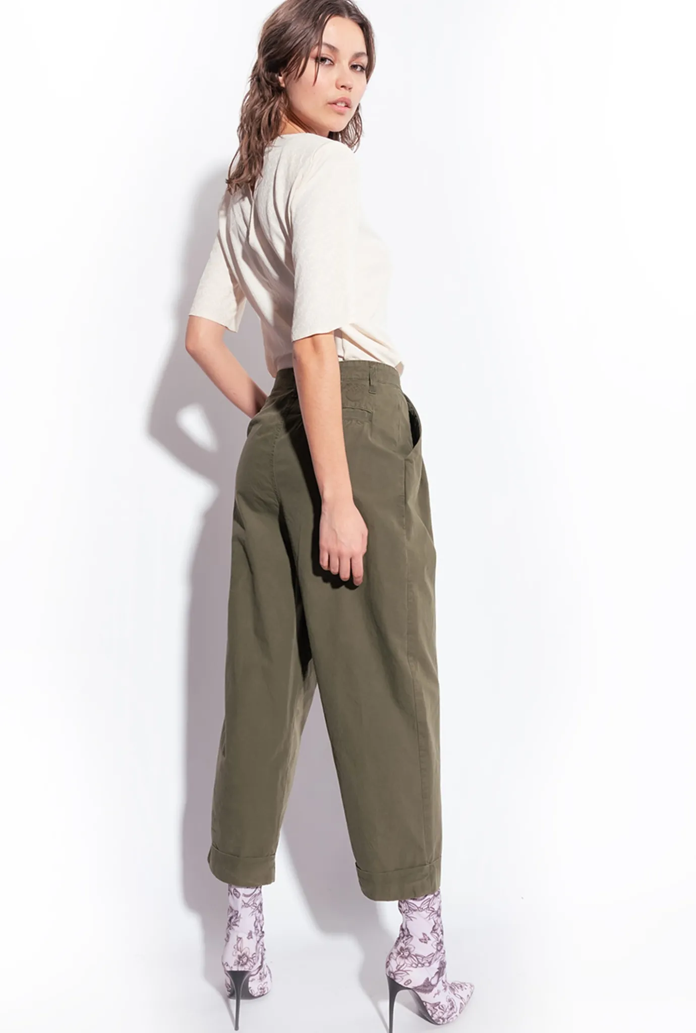 Pantalons|PINKO Pantalon En Mousseline De Coton Vert Canon De Fusil