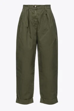 Pantalons|PINKO Pantalon En Mousseline De Coton Vert Canon De Fusil