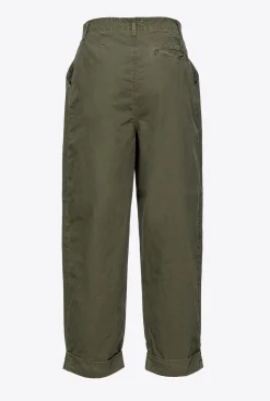 Pantalons|PINKO Pantalon En Mousseline De Coton Vert Canon De Fusil
