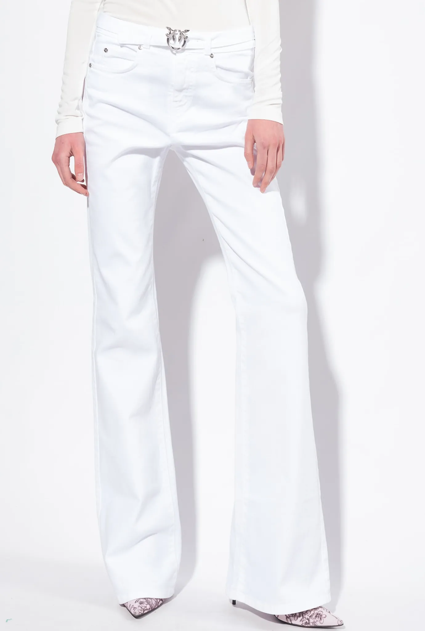 Jeans|PINKO Pantalon Flare En Bull De Coton Blanc Brill.