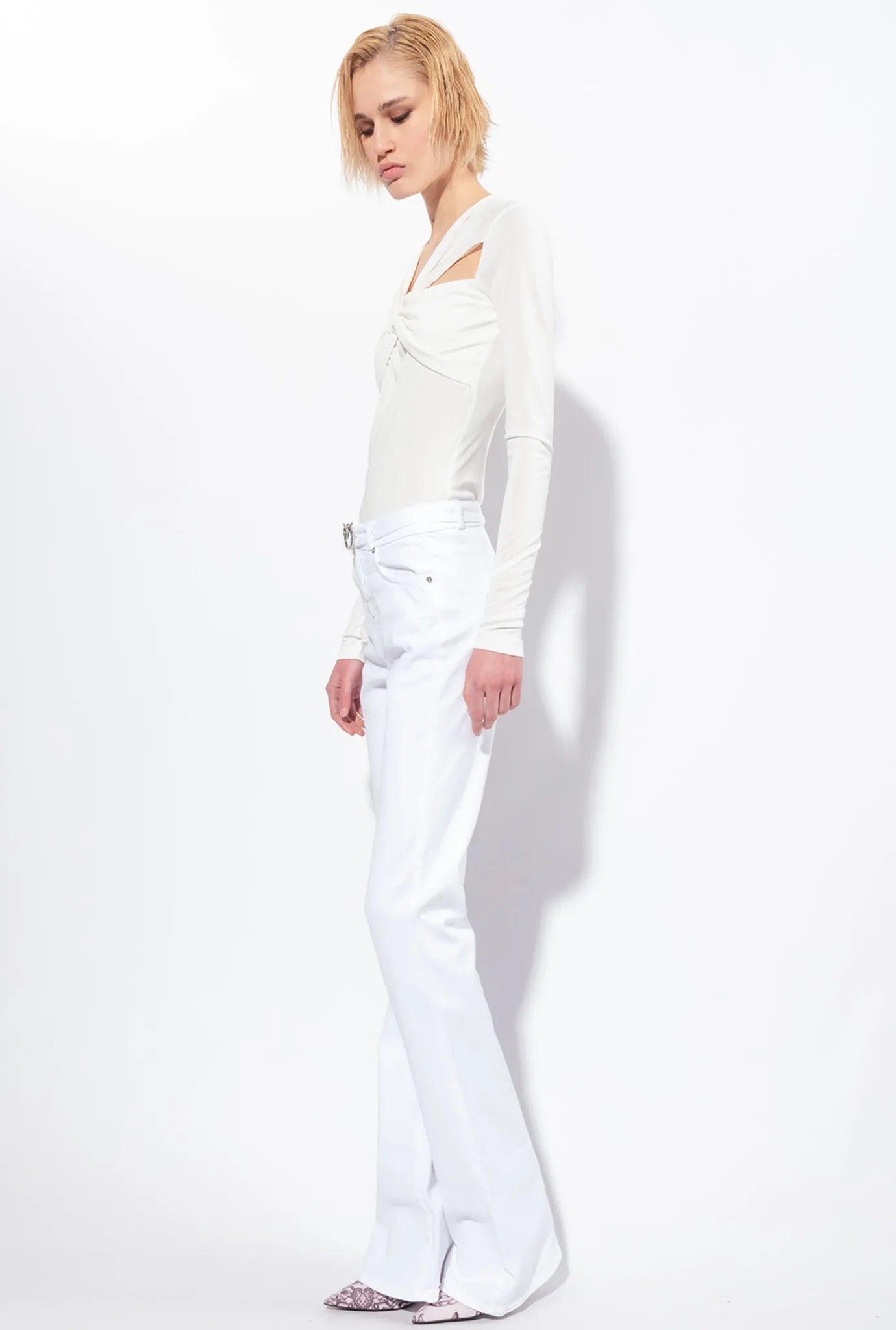 Jeans|PINKO Pantalon Flare En Bull De Coton Blanc Brill.