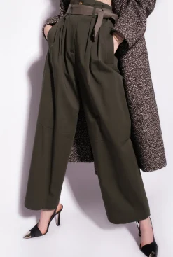 Pantalons|PINKO Pantalon Wide Leg Ceinture Vert Militaire