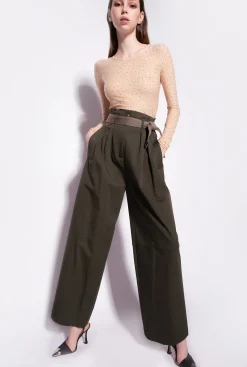 Pantalons|PINKO Pantalon Wide Leg Ceinture Vert Militaire
