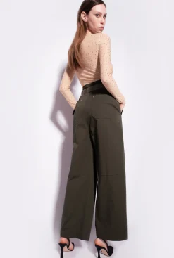 Pantalons|PINKO Pantalon Wide Leg Ceinture Vert Militaire