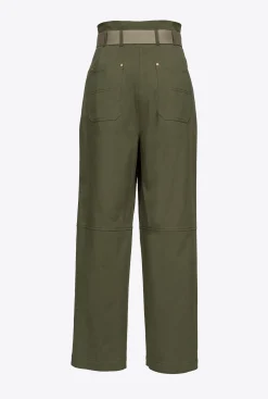 Pantalons|PINKO Pantalon Wide Leg Ceinture Vert Militaire