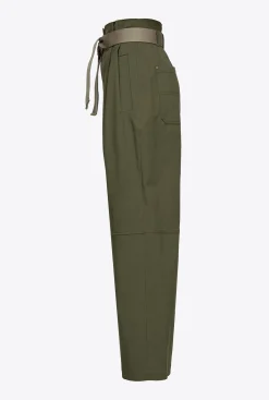 Pantalons|PINKO Pantalon Wide Leg Ceinture Vert Militaire