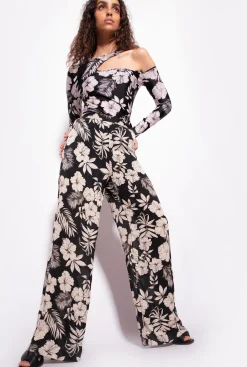 Tailleurs Et Ensembles|PINKO Pantalon Wide Leg Fleur Graphique Noir/Beurre