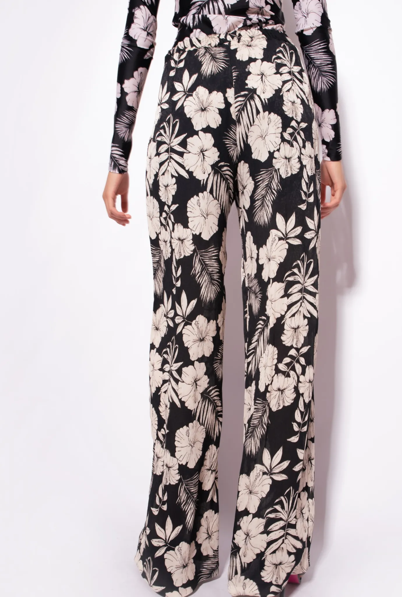 Tailleurs Et Ensembles|PINKO Pantalon Wide Leg Fleur Graphique Noir/Beurre