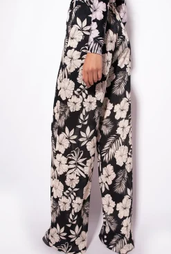 Tailleurs Et Ensembles|PINKO Pantalon Wide Leg Fleur Graphique Noir/Beurre