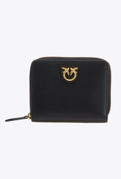 Maroquinerie|PINKO Petit Portefeuille A Contour Zippe En Cuir Noir-Vieil Or