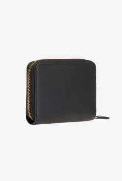 Maroquinerie|PINKO Petit Portefeuille A Contour Zippe En Cuir Noir-Vieil Or