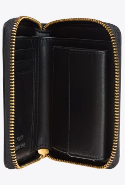 Maroquinerie|PINKO Petit Portefeuille A Contour Zippe En Cuir Noir-Vieil Or