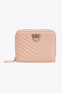Maroquinerie|PINKO Petit Portefeuille A Contour Zippe En Cuir Nappa A Chevrons Rose/Rose Poudre-Or Antique