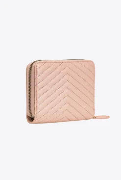 Maroquinerie|PINKO Petit Portefeuille A Contour Zippe En Cuir Nappa A Chevrons Rose/Rose Poudre-Or Antique