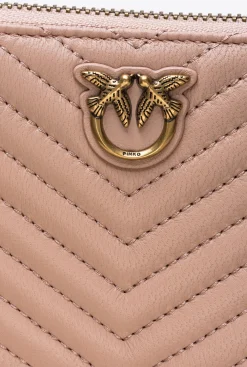 Maroquinerie|PINKO Petit Portefeuille A Contour Zippe En Cuir Nappa A Chevrons Rose/Rose Poudre-Or Antique