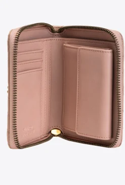 Maroquinerie|PINKO Petit Portefeuille A Contour Zippe En Cuir Nappa A Chevrons Rose/Rose Poudre-Or Antique