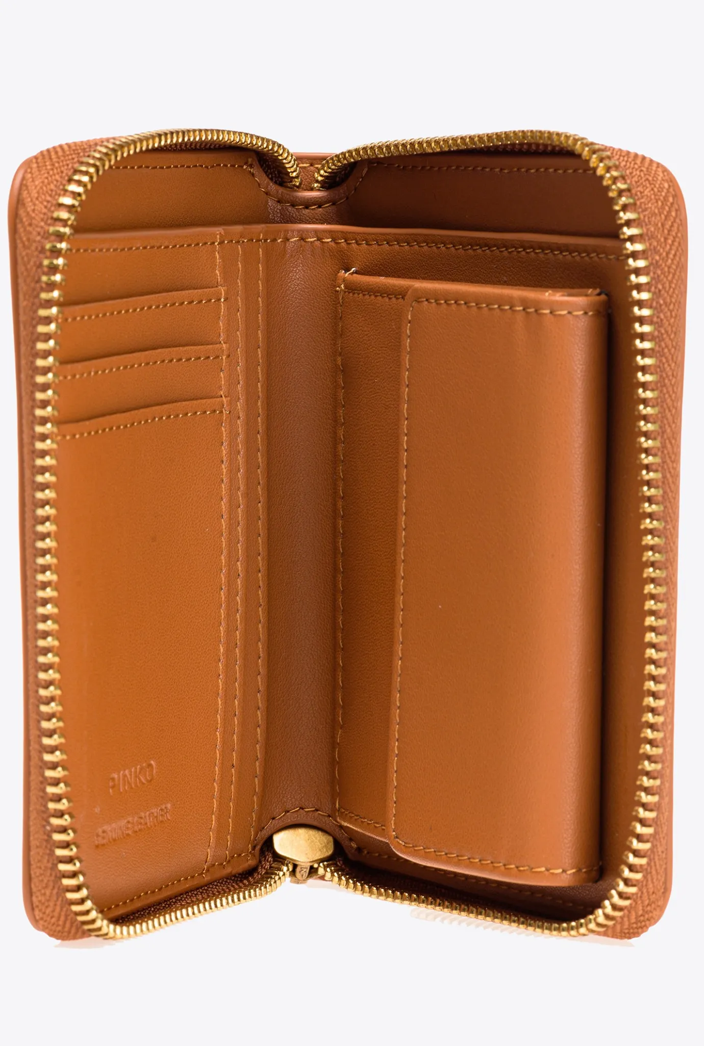 Maroquinerie|PINKO Petit Portefeuille A Contour Zippe En Cuir Cognac-Or Antique