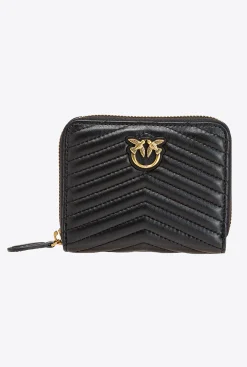 Maroquinerie|PINKO Petit Portefeuille A Contour Zippe En Cuir Nappa A Chevrons Noir-Vieil Or