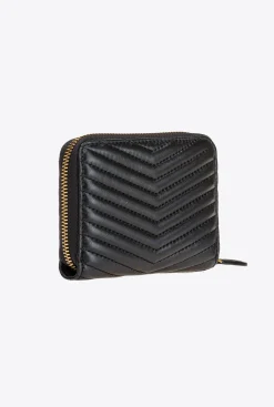 Maroquinerie|PINKO Petit Portefeuille A Contour Zippe En Cuir Nappa A Chevrons Noir-Vieil Or