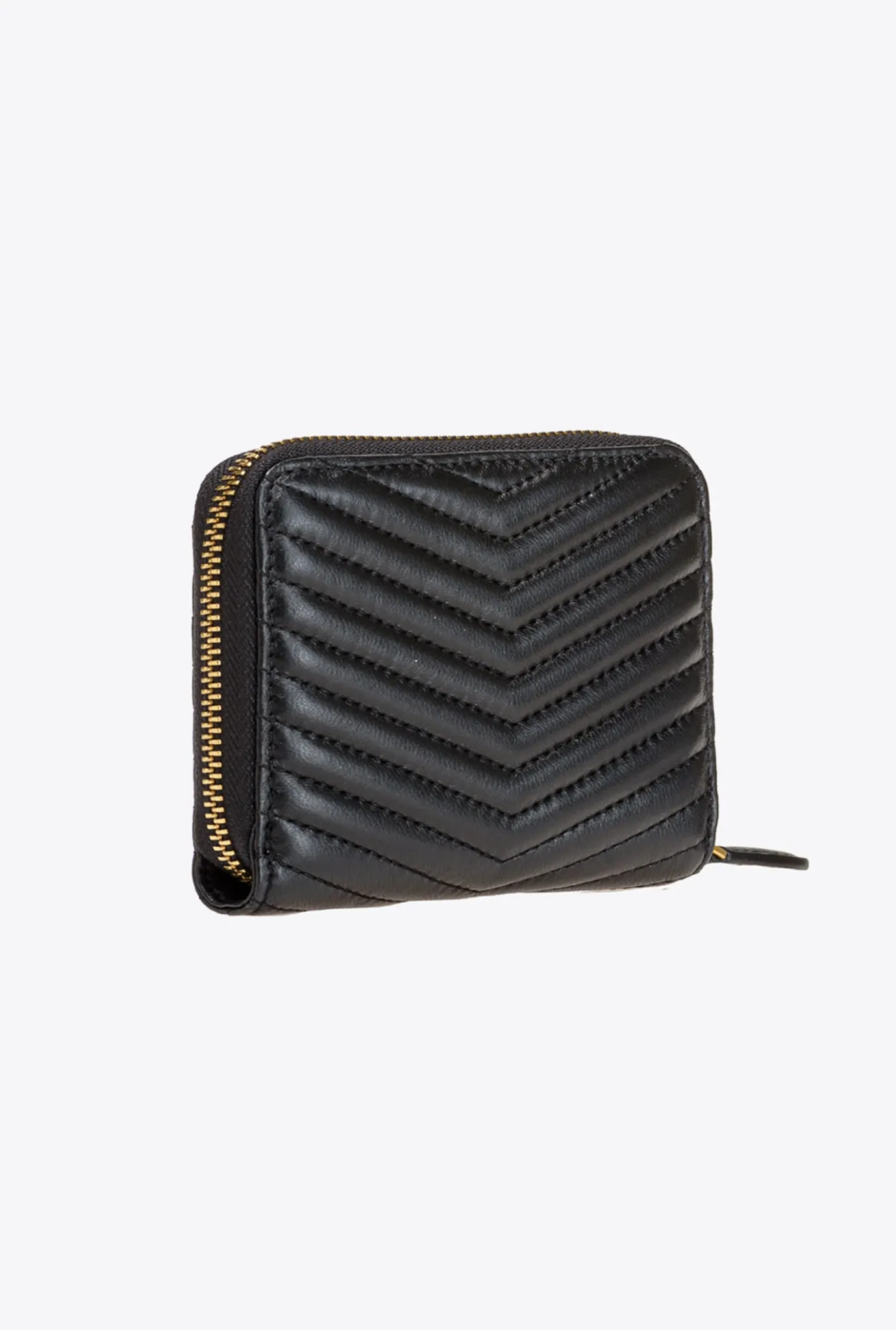 Maroquinerie|PINKO Petit Portefeuille A Contour Zippe En Cuir Nappa A Chevrons Noir-Vieil Or