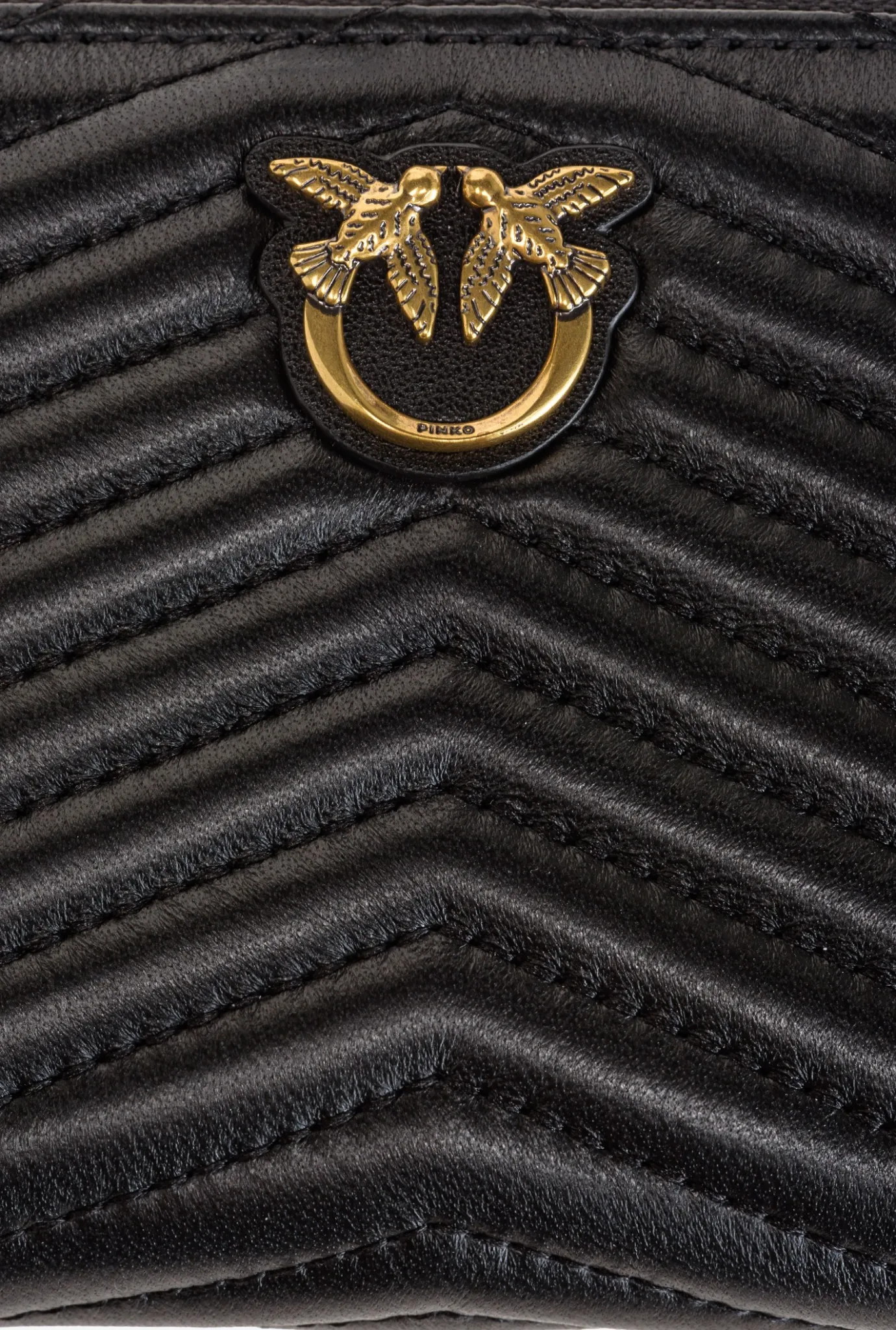 Maroquinerie|PINKO Petit Portefeuille A Contour Zippe En Cuir Nappa A Chevrons Noir-Vieil Or