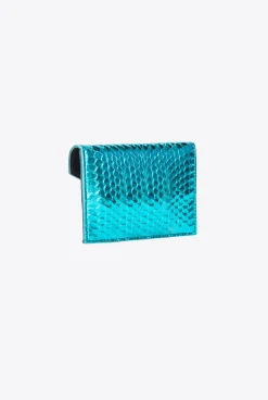 Maroquinerie|PINKO Porte-Cartes Plat En Reptile Lame Galleria Petrole-Or Brillant