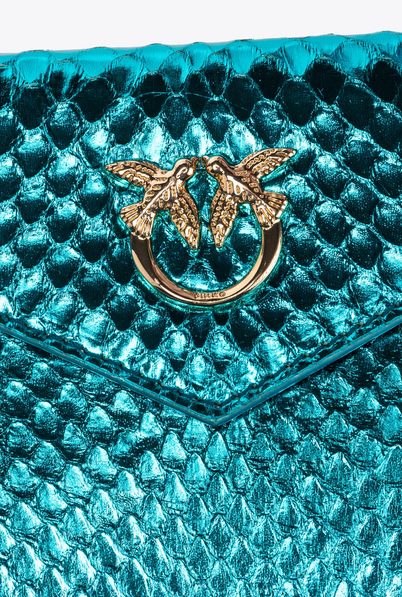 Maroquinerie|PINKO Porte-Cartes Plat En Reptile Lame Galleria Petrole-Or Brillant