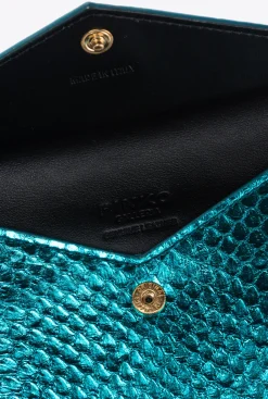 Maroquinerie|PINKO Porte-Cartes Plat En Reptile Lame Galleria Petrole-Or Brillant