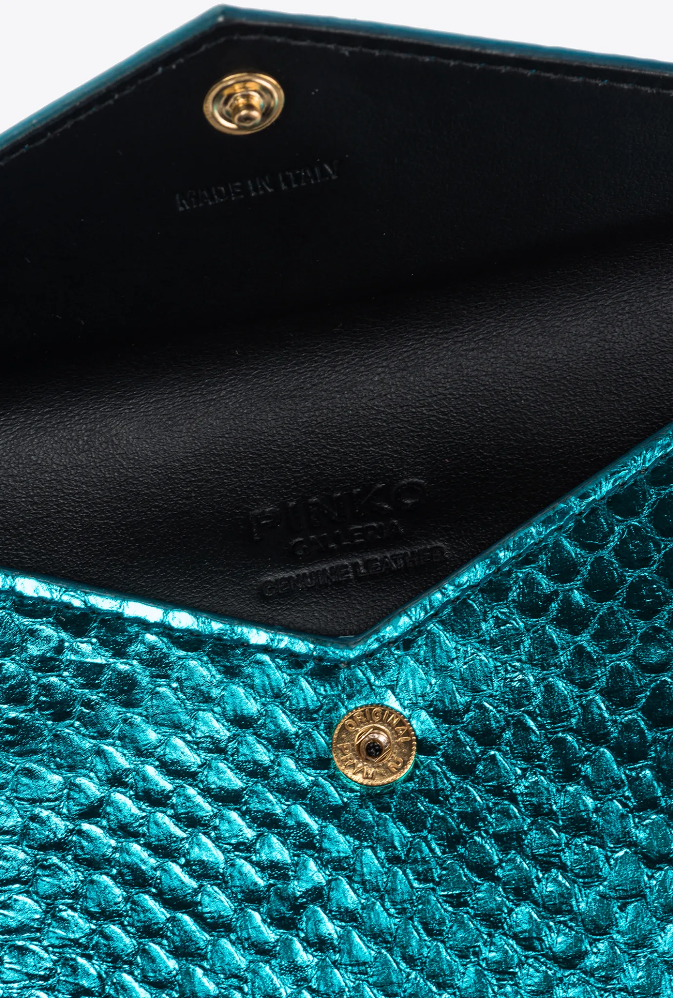 Maroquinerie|PINKO Porte-Cartes Plat En Reptile Lame Galleria Petrole-Or Brillant