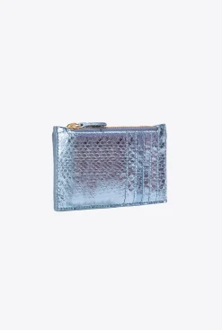 Maroquinerie|PINKO Porte-Cartes Zippe En Reptile Lame Galleria Bleu Clair-Or Brillant