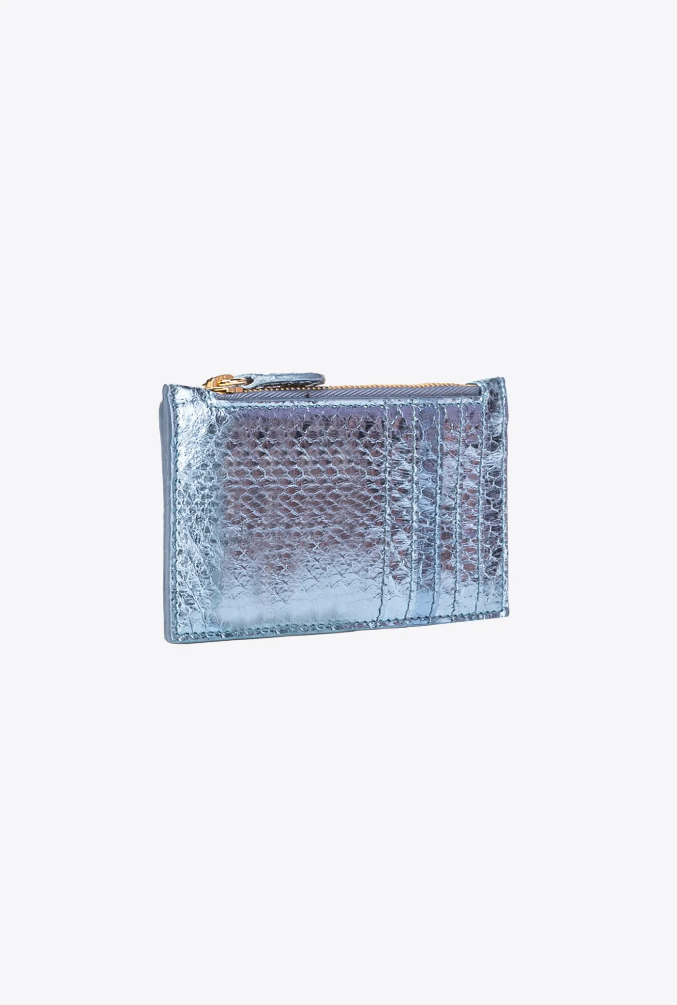 Maroquinerie|PINKO Porte-Cartes Zippe En Reptile Lame Galleria Bleu Clair-Or Brillant