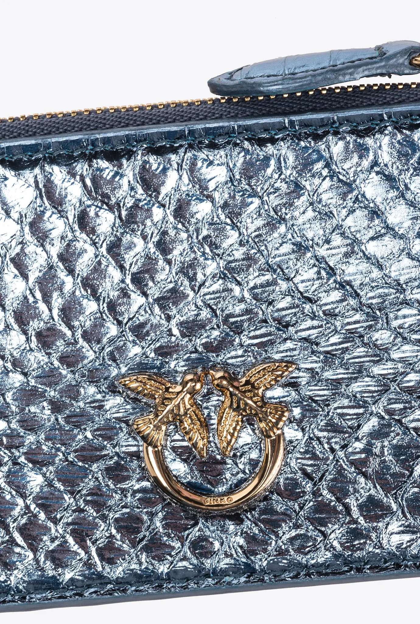 Maroquinerie|PINKO Porte-Cartes Zippe En Reptile Lame Galleria Bleu Clair-Or Brillant