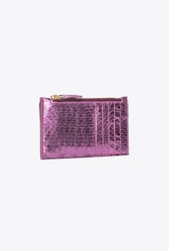 Maroquinerie|PINKO Porte-Cartes Zippe En Reptile Lame Galleria Violet-Or Brillant