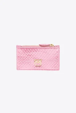 Maroquinerie|PINKO Porte-Cartes Zippe En Reptile Lame Galleria Rose Poudre-Or Brillant
