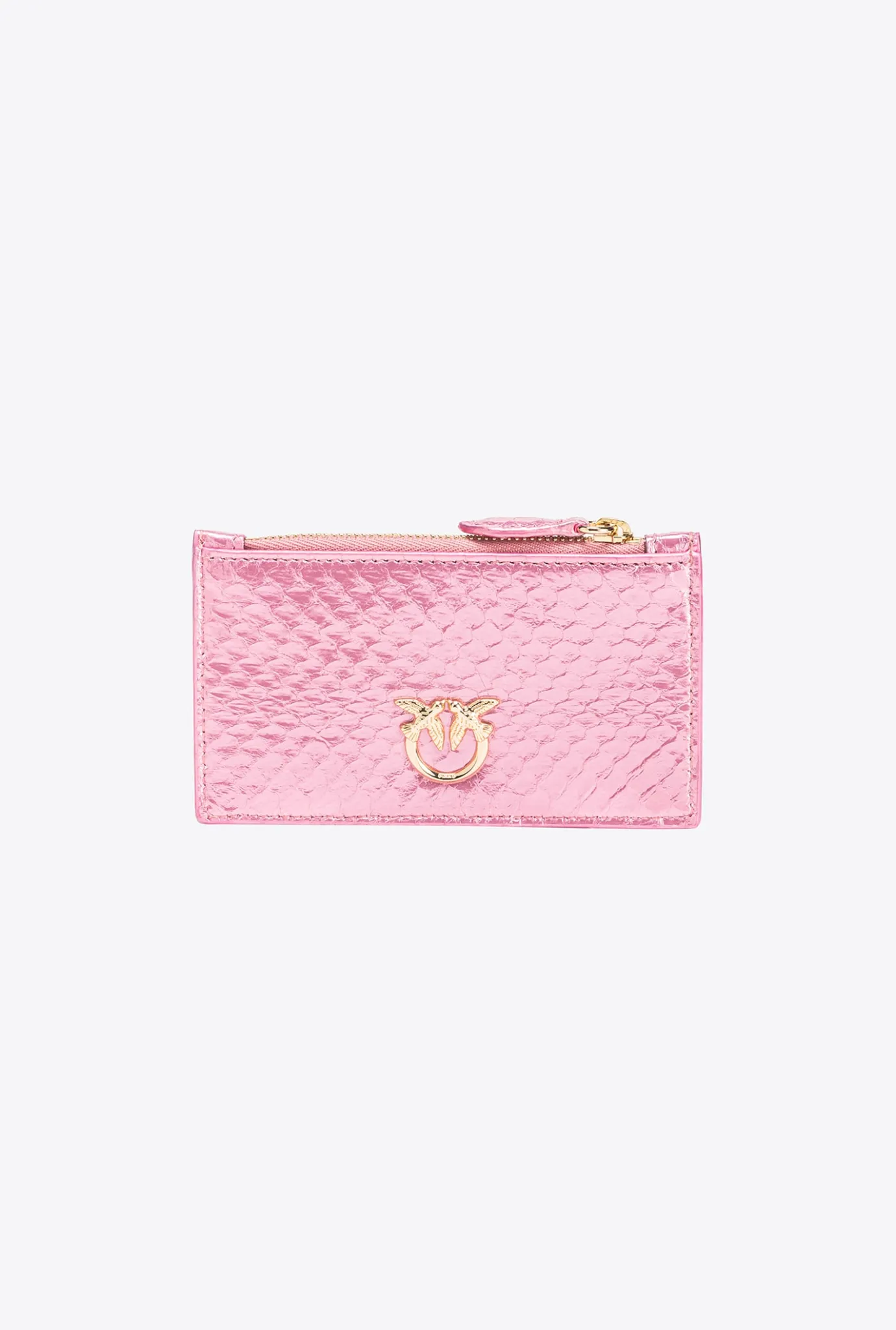 Maroquinerie|PINKO Porte-Cartes Zippe En Reptile Lame Galleria Rose Poudre-Or Brillant