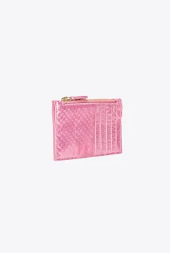 Maroquinerie|PINKO Porte-Cartes Zippe En Reptile Lame Galleria Rose Poudre-Or Brillant