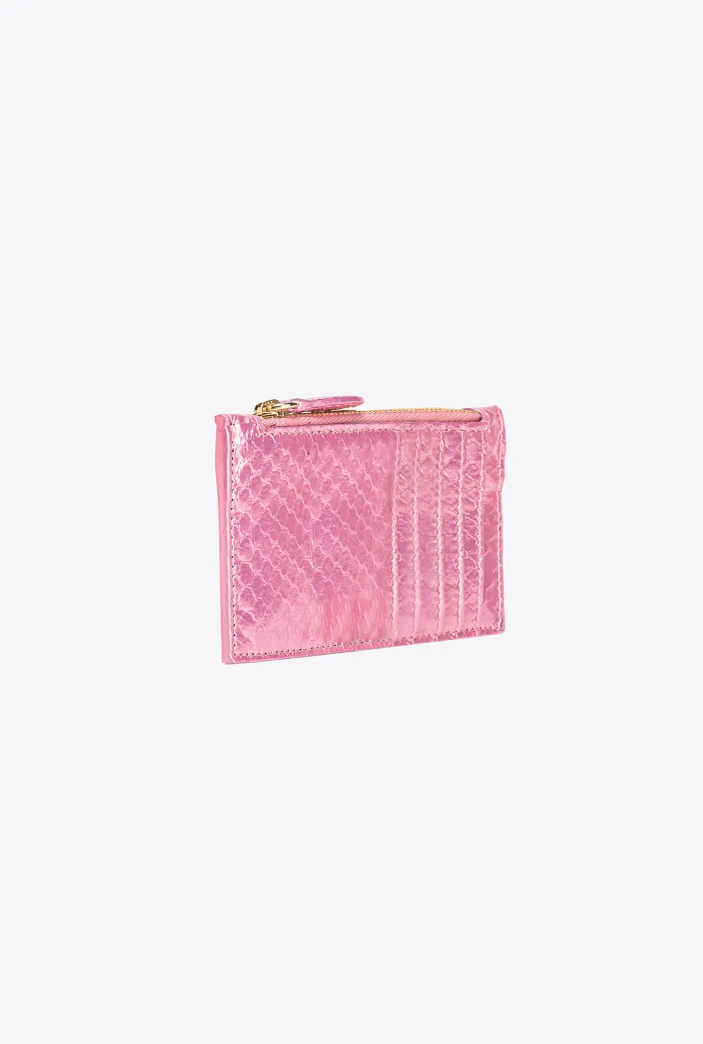 Maroquinerie|PINKO Porte-Cartes Zippe En Reptile Lame Galleria Rose Poudre-Or Brillant