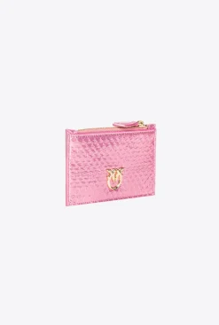 Maroquinerie|PINKO Porte-Cartes Zippe En Reptile Lame Galleria Rose Poudre-Or Brillant