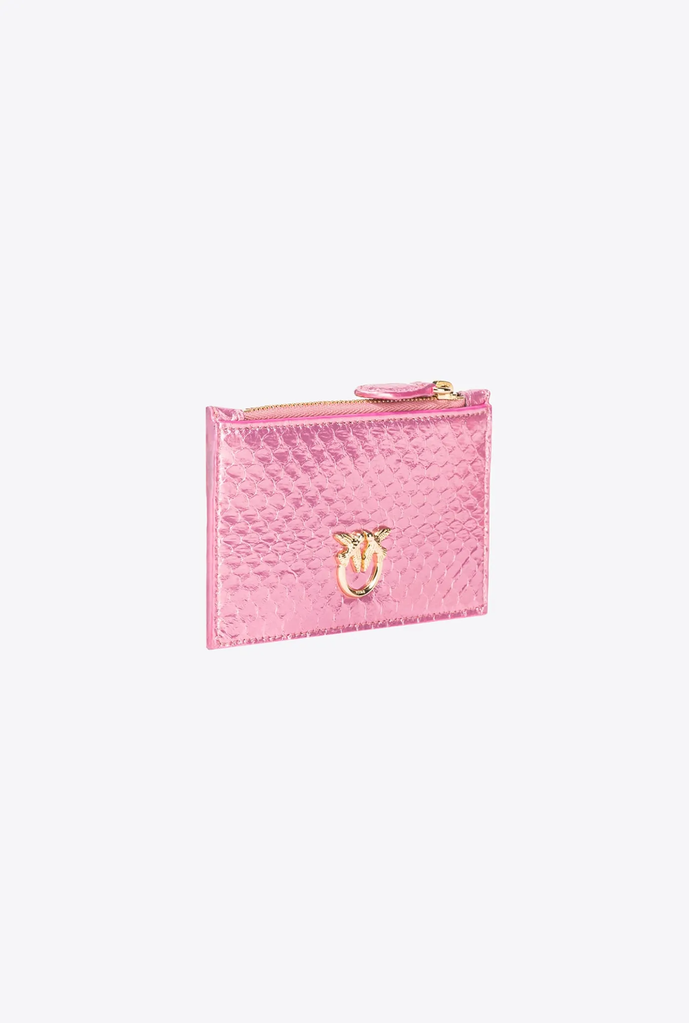 Maroquinerie|PINKO Porte-Cartes Zippe En Reptile Lame Galleria Rose Poudre-Or Brillant