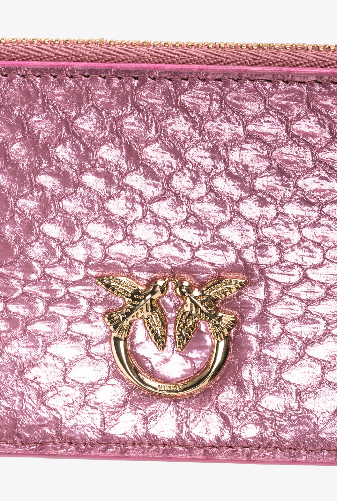 Maroquinerie|PINKO Porte-Cartes Zippe En Reptile Lame Galleria Rose Poudre-Or Brillant