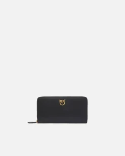Maroquinerie|PINKO Portefeuille A Contour Zippe En Cuir Noir-Vieil Or