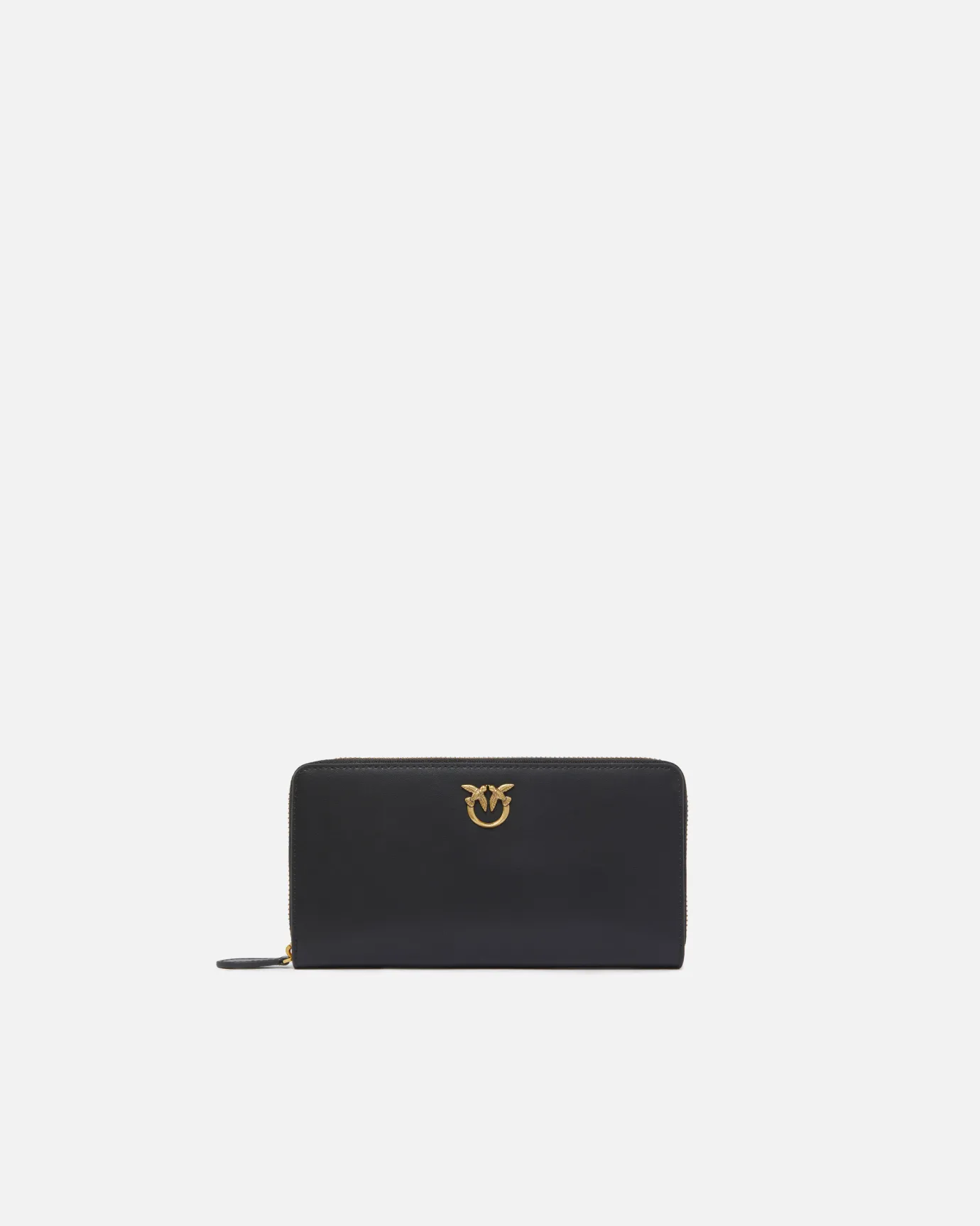 Maroquinerie|PINKO Portefeuille A Contour Zippe En Cuir Noir-Vieil Or