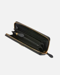Maroquinerie|PINKO Portefeuille A Contour Zippe En Cuir Noir-Vieil Or