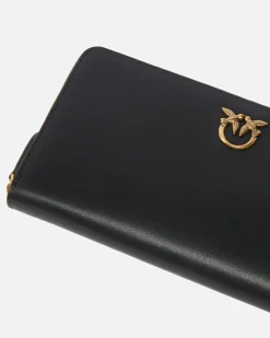 Maroquinerie|PINKO Portefeuille A Contour Zippe En Cuir Noir-Vieil Or