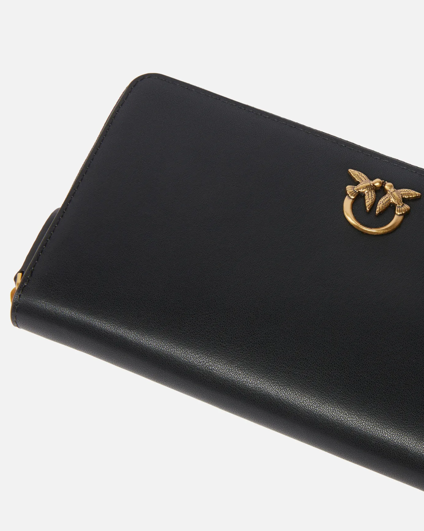 Maroquinerie|PINKO Portefeuille A Contour Zippe En Cuir Noir-Vieil Or