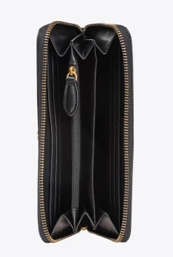 Maroquinerie|PINKO Portefeuille A Contour Zippe En Cuir Noir-Vieil Or