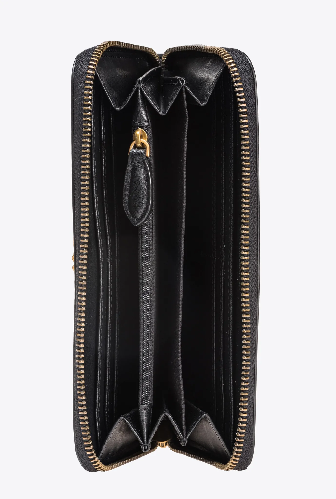 Maroquinerie|PINKO Portefeuille A Contour Zippe En Cuir Noir-Vieil Or